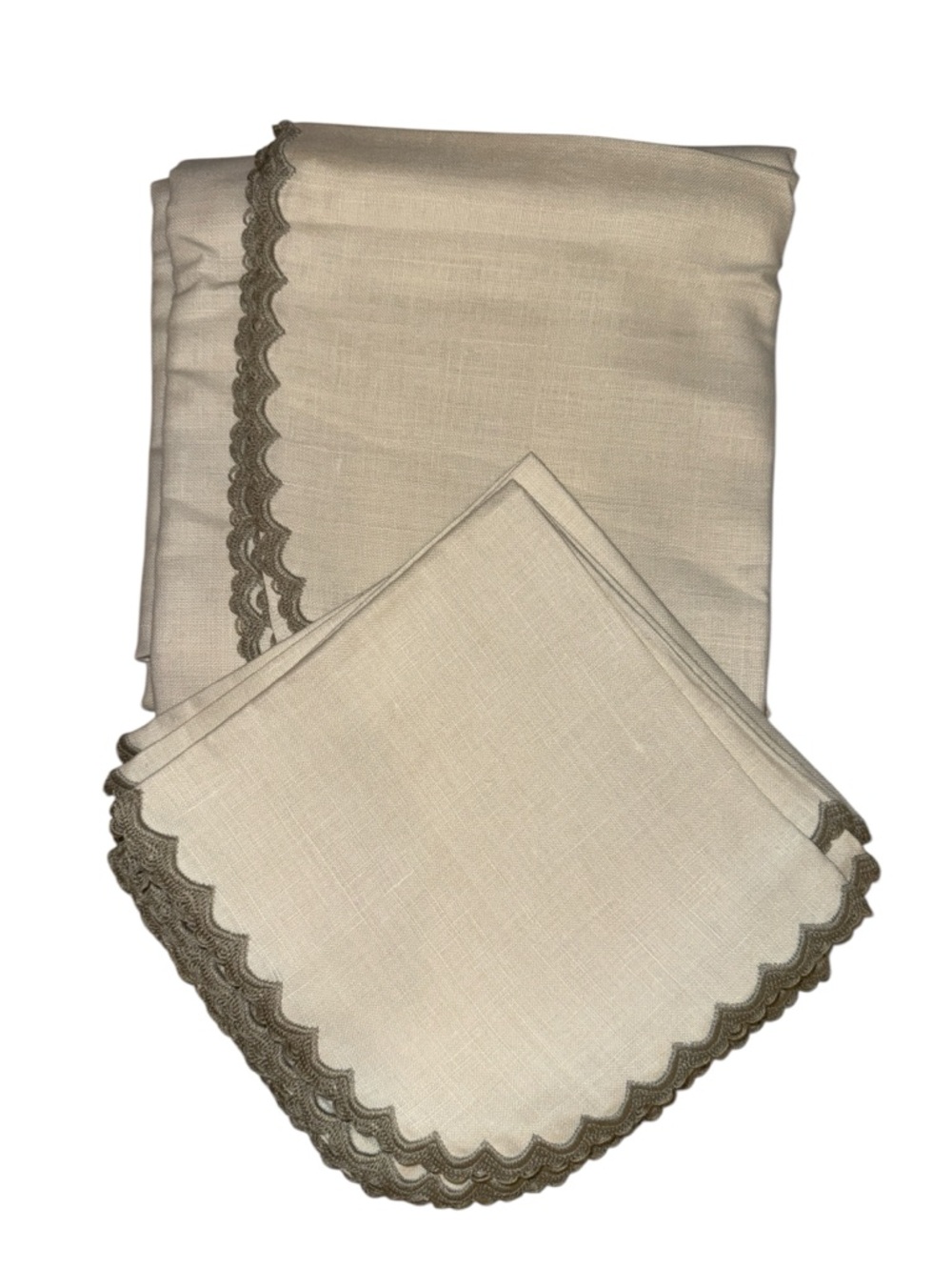 Vintage Linen Tablecloth & 8 Napkins Set Scalloped Crochet Trim Ivory